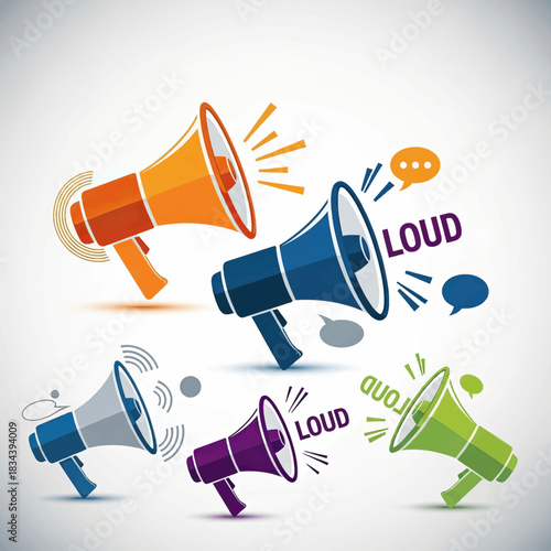 Colorful Megaphones with Loud Sound Waves for Announcements and Marketing.