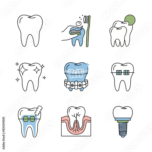 Dental Care Icons - Tooth Health, Brushing, Cavity, and Orthodontics.