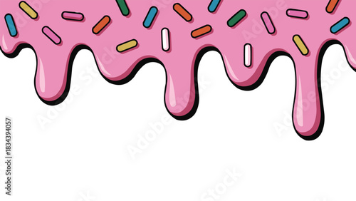 Pink dripping icing border with colourful sprinkles in sweet dessert cartoon style on white background