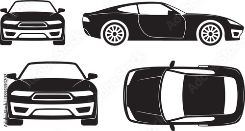 Black vector illustrations of a car from multiple angles