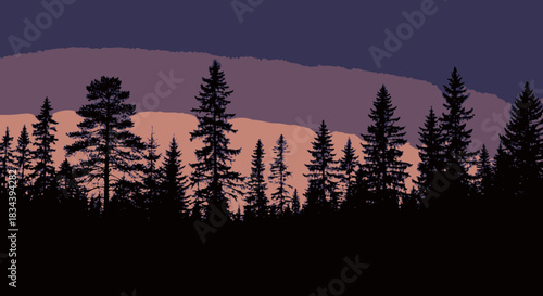 Dark Silhouette of Evergreen Trees Against a Twilight Sky with Subtle Cloud Layers