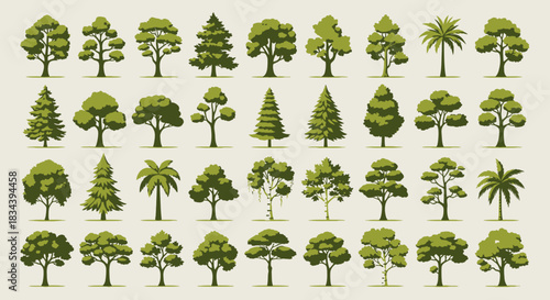 A versatile collection of stylized vector tree illustrations, featuring a diverse range of botanical forms for landscape design, environmental projects, and graphic art applications