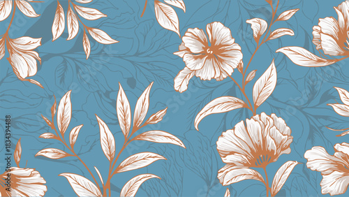 Elegant floral seamless pattern with detailed blossoms and leaves in soft neutral tones on blue background