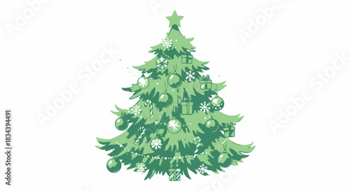 Stylized green Christmas tree illustration decorated with ornaments, snowflakes, and a star for a festive winter holiday celebration