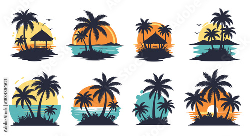 Graphic design collection of tropical island emblems with palm trees silhouetted against a vibrant ocean sunset