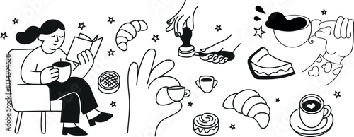 A relaxing self-care café set featuring face masks, warm cups, candles, books, comfy blankets, slippers, and cozy lifestyle details. Perfect for wellness and aesthetic projects.