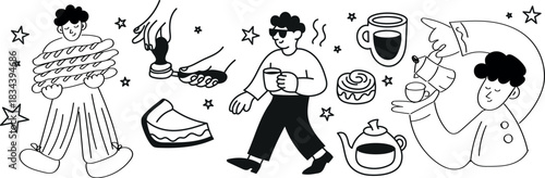 A home baking illustration set featuring bowls, whisks, dough, cookies, bread, pastries, oven mitts, jars, and cozy kitchen details. Great for food blogs and recipe visuals.