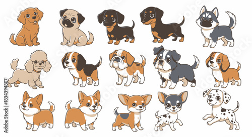 An adorable collection of diverse dog breeds and cute puppies illustrated in a charming cartoon style, perfect for pet-themed designs, children's content, or animal lover projects