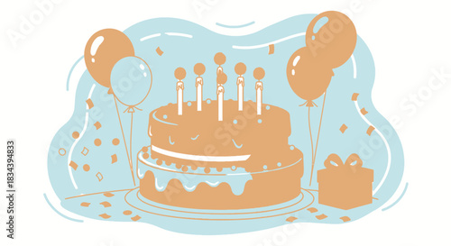 Celebratory birthday cake illustration with candles, balloons and presents for party occasion