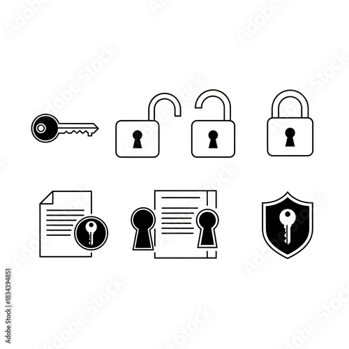 Security Icons - Key, Locks, Documents, and Shield for Data Protection.