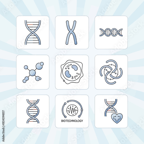 Set of Biotechnology and Genetic Engineering Icons with DNA Structures.