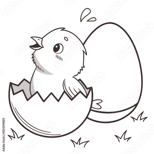 Baby chick emerging from cracked egg with open beak chicken baby bird