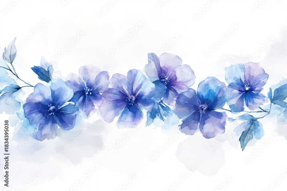 Fototapeta premium A delicate horizontal arrangement of soft watercolor-style blue and purple flowers