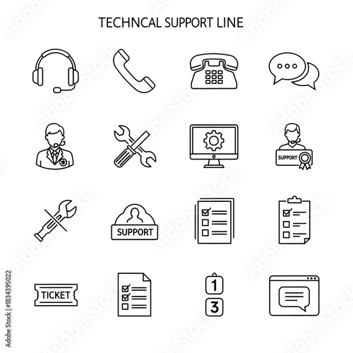 Technical Support Line Icons - Headset, Phone, Speech Bubble, and More.