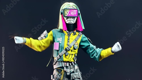 Futuristic Robot Figurine Art: Trendy Collectible Character Design with Colorful Urban Style and Tech-Inspired Accessories