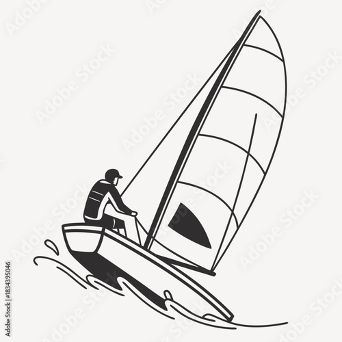 Windsurfer Sailing on Water Outline on White Background Keywords: windsurfer, windsurfing