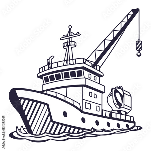 Fishing Trawler with Crane and Net Reel Illustration Keywords: fishing boat, trawler, vessel