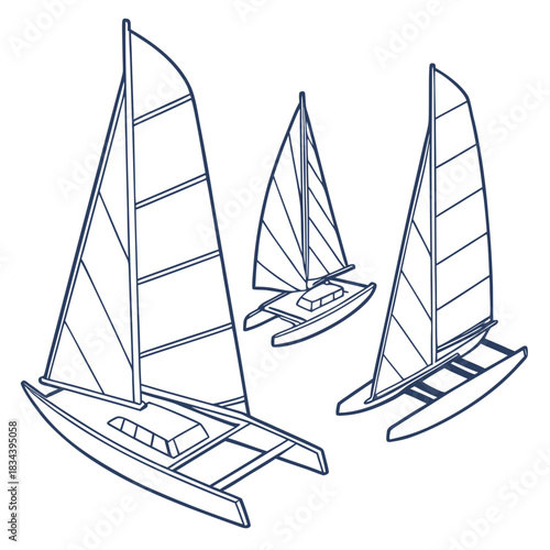 Three Outline Catamarans Sailing on White Background sailboat boat