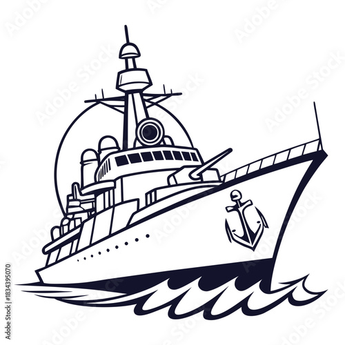Black and white illustration of a warship with an anchor and a circular element battleship