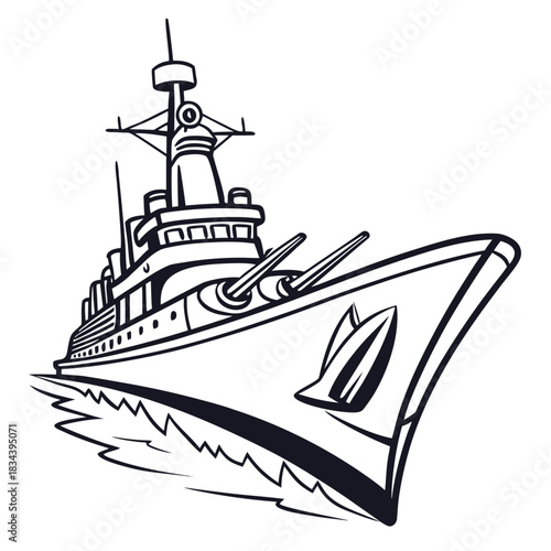 Black and white illustration of a warship with cannons moving through waves battleship
