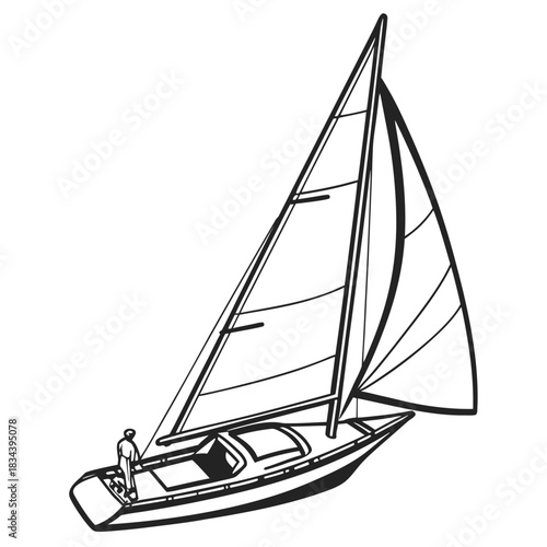 Black and white illustration of a sailboat with a single person at the helm sailing