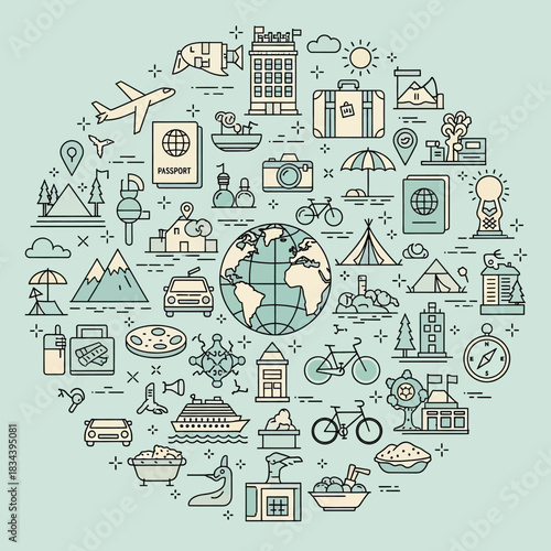 Travel and Tourism Icons Arranged in a Circular Pattern.