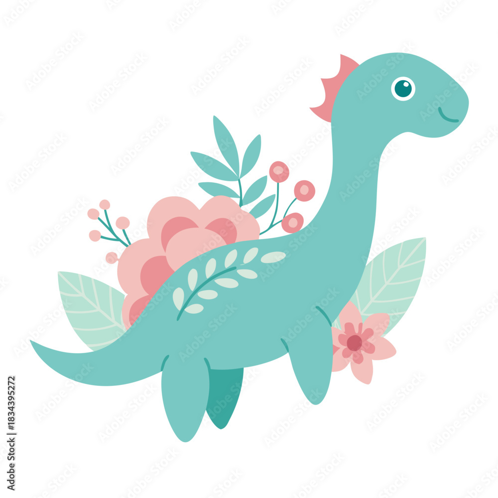 Obraz premium Cute teal dinosaur surrounded by pink and green flowers