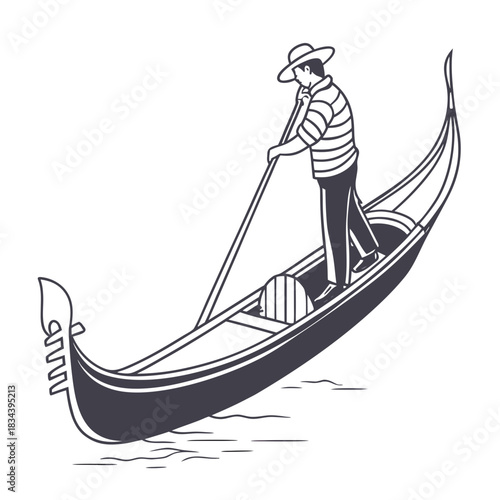 Gondolier Rowing A Gondola In Water With Hat Keywords: gondolier, gondola, Venice, Italy, boat