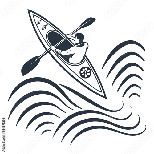 Kayaker Paddling Through Stylized Waves in Silhouette kayaking canoe