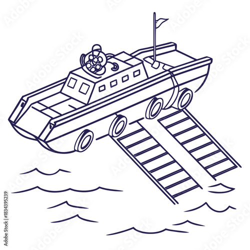 Cartoon boat with wheels on a ramp entering water vehicle transportation