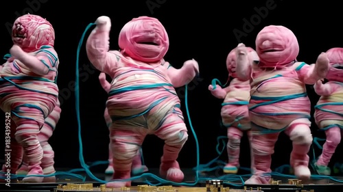 Abstract Creative Sculpture with Whimsical Colorful Characters: Contemporary Art Installation with Playful Figures and Fantasy Designs in a Textured Soft Sculpture