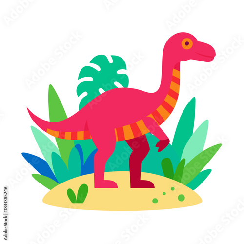 Cute pink dinosaur standing among green tropical plants
