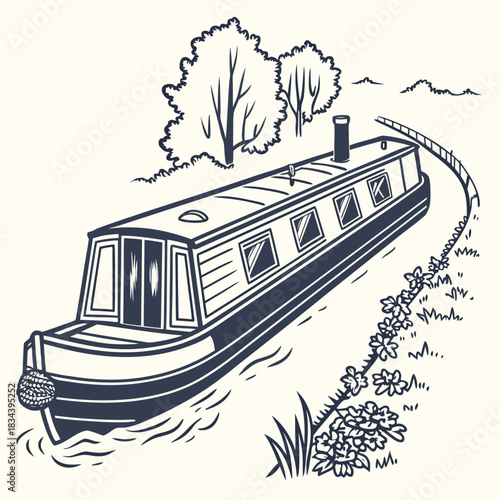 Narrowboat on a Winding Canal with Trees and Flowers canal boat barge