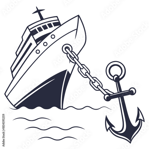 Cruise ship with anchor and chain in the water boat vessel