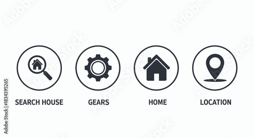 Set of four circular icons representing search, settings, home, and location with clear labels underneath each icon