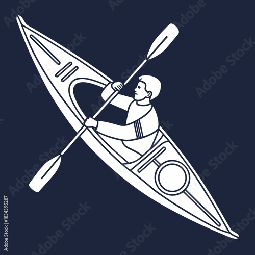 Man kayaking with paddle on dark blue background canoe person