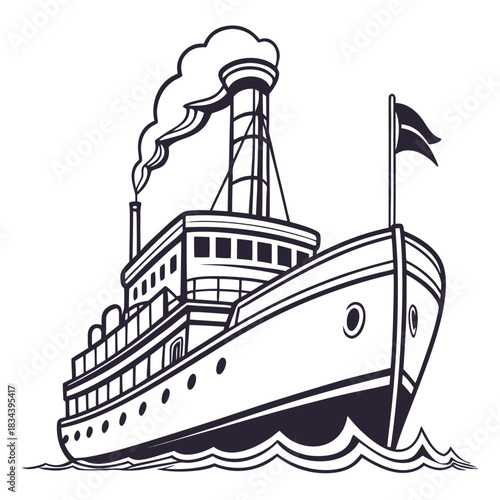 Vintage Steamship with Smoke from Chimney on White Background boat vessel