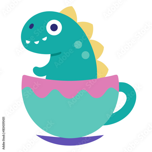 Cute teal dinosaur sitting in a colorful teacup