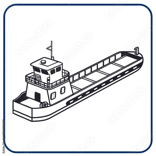 Outline drawing of a cargo barge in a rounded square frame ship vessel