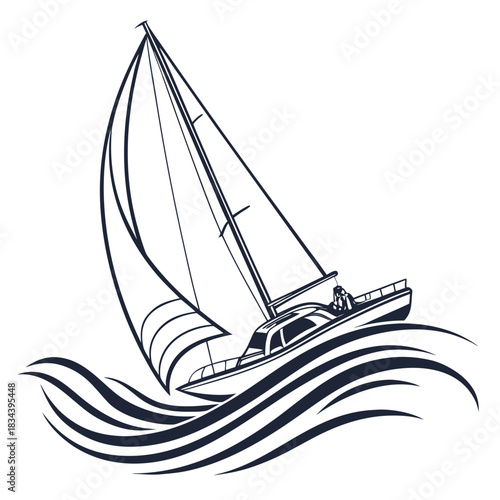 Sailboat on wavy water with dark blue outline on white background sailing watercraft