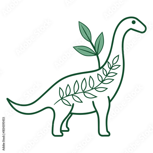 Green dinosaur silhouette adorned with delicate leaves and branches