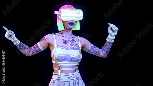 Immersive Virtual Reality Gaming Experience in a Futuristic Cyberpunk World with Neon Colors and Interactive Entertainment