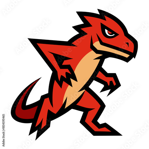 Aggressive red raptor mascot character in action