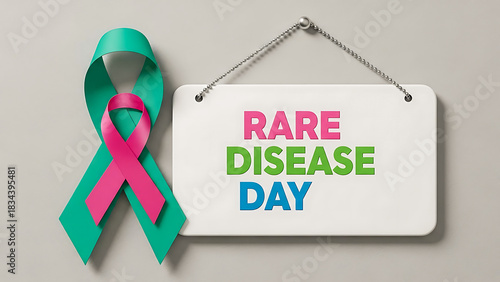 Teal and pink awareness ribbon hangs next to a sign promoting rare disease day awareness