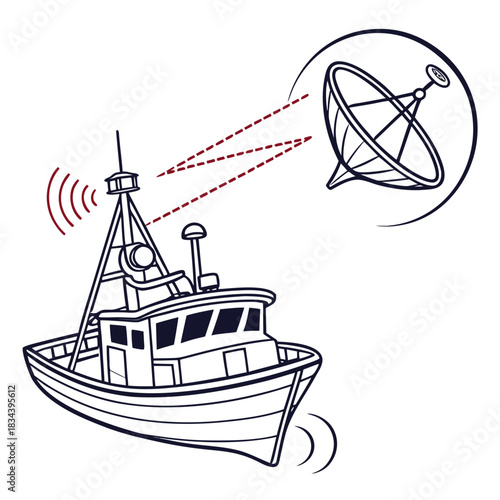 Fishing Boat Communicating With Satellite Dish vessel ship
