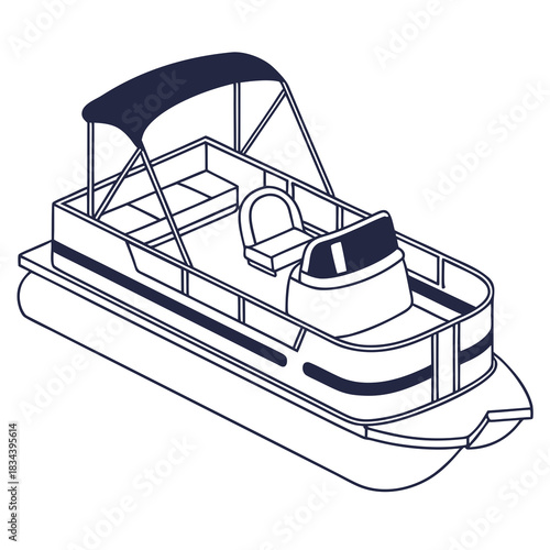 Isometric Pontoon Boat with Canopy Line Drawing Keywords: pontoon boat, watercraft, nautical