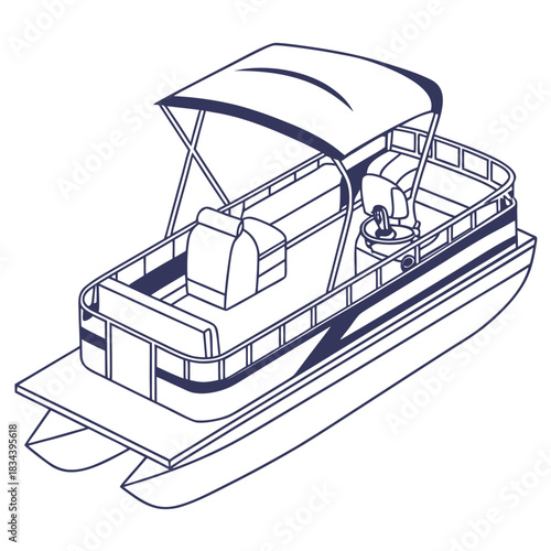 Isometric Pontoon Boat Outline with Canopy Keywords: pontoon boat, watercraft, nautical, marine