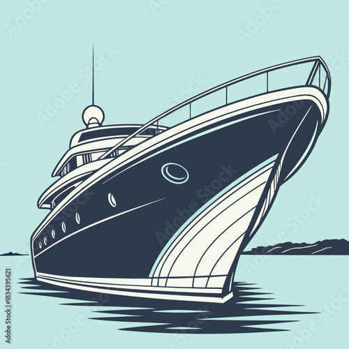 Low Angle View of a Sleek Yacht on Calm Water Keywords: yacht, boat, ship, luxury, watercraft