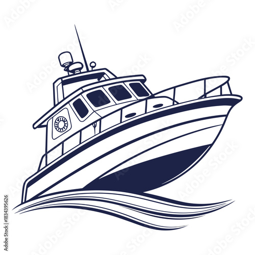 Motorboat illustration on white background with stylized waves vessel ship