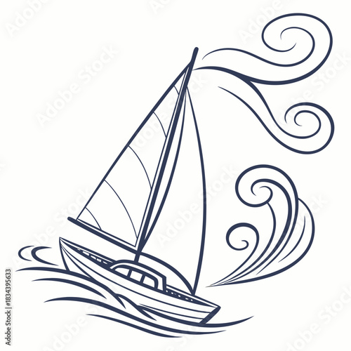 Outline drawing of a sailboat with dynamic wave and wind effects sailing vessel